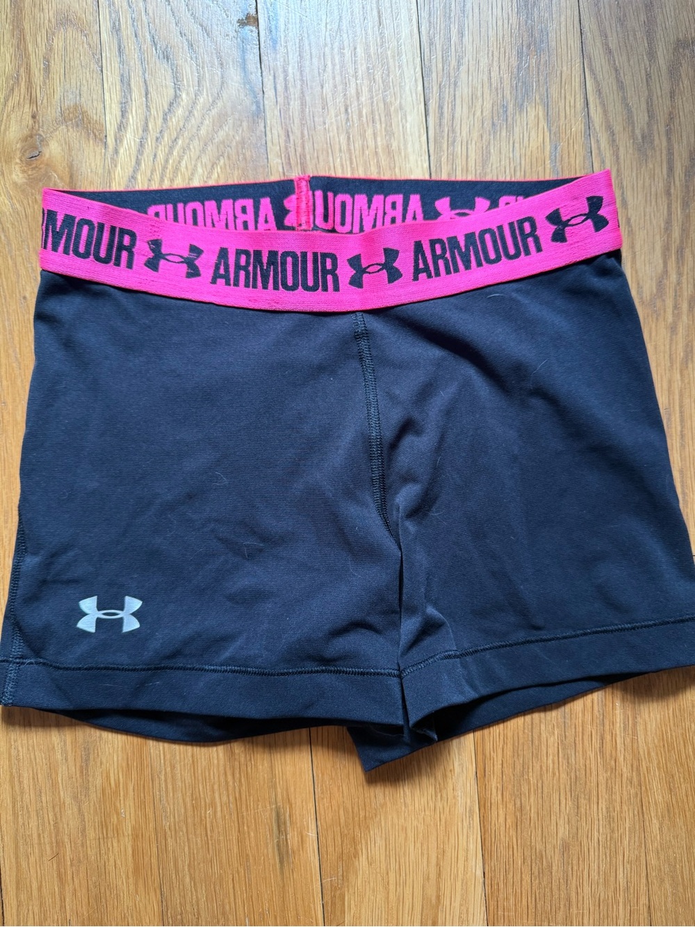 Under Armour Women’s Black Bike Shorts with Pink Branded Waistband